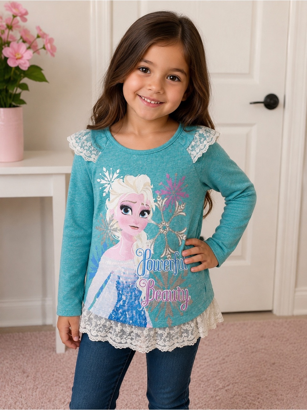 Disney Turquoise 'Powerful Beauty' Elsa Lace-Hem Kids Top